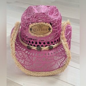 Corona Pink Straw Cowgirl Hat | Beige Trim | Beach Cowboy Hat | Festival Style